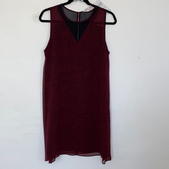 bcbgeneration "wine red combo" floral dress sleeveless W/Mesh V Neck fro… - Picture 2 of 8